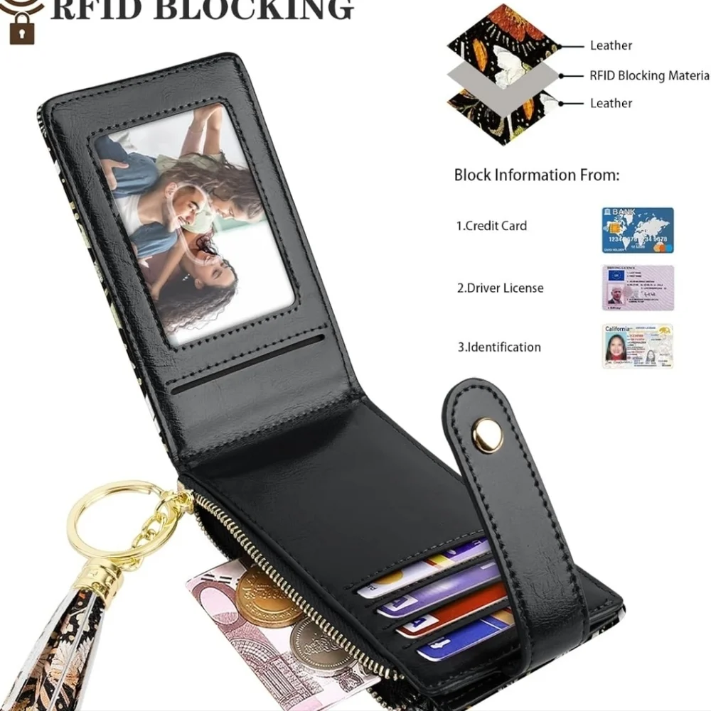 Floral Black Wallet with Tassel Keychain